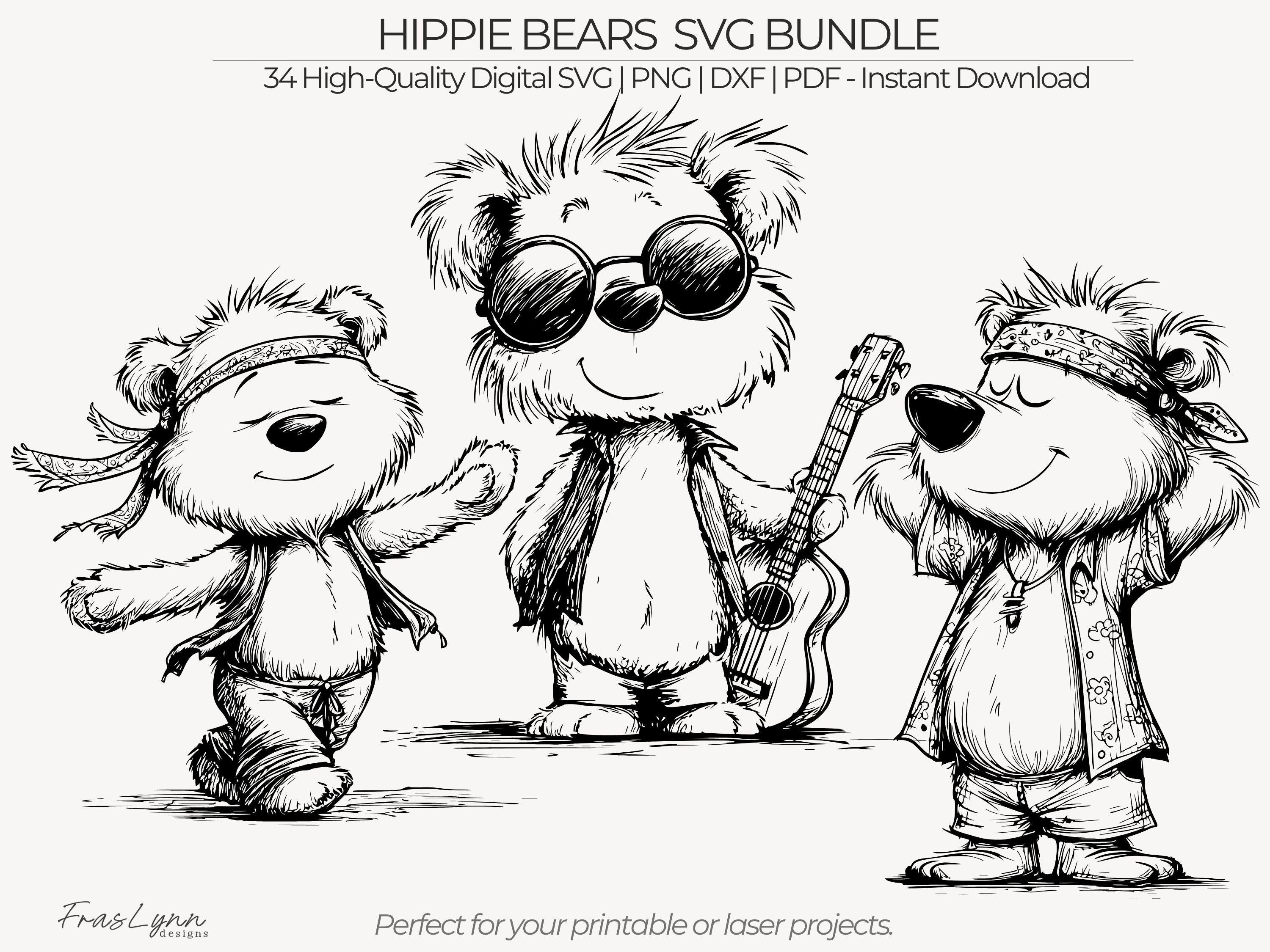 Hippie Bear SVG Bundle, 34 Animal Line Art, Clipart, Printable, Laser ...