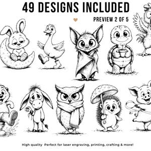 May include: Black and white illustrations of various cartoon animals, including a rabbit on a crescent moon, a duck, a bat, a turtle, and a chicken. The image includes the text "49 DESIGNS INCLUDED" and "PREVIEW 2 OF 5".