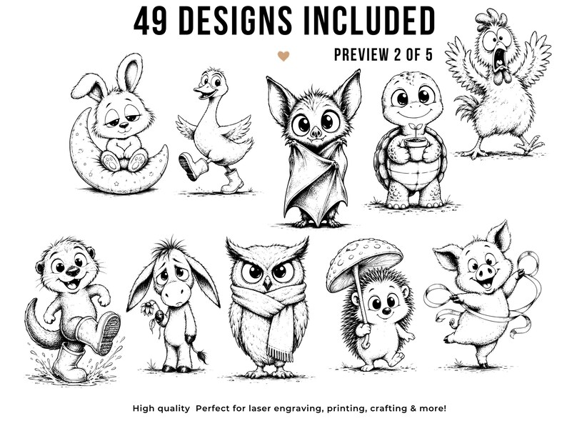 May include: Black and white illustrations of various cartoon animals, including a rabbit on a crescent moon, a duck, a bat, a turtle, and a chicken. The image includes the text "49 DESIGNS INCLUDED" and "PREVIEW 2 OF 5".