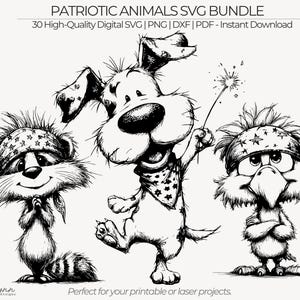 Patriotic Animals Illustration Pack, Hand Drawn Sketch Critters, Black and White Line Art Clipart, Commercial Use image 1