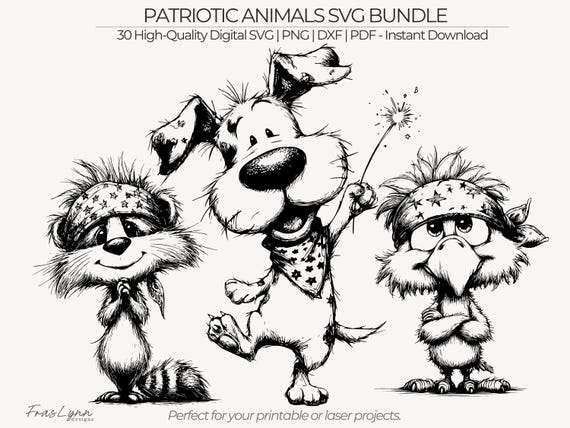 Patriotic Animals Illustration Pack, Hand Drawn Sketch Critters, Black and White Line Art Clipart, Commercial Use