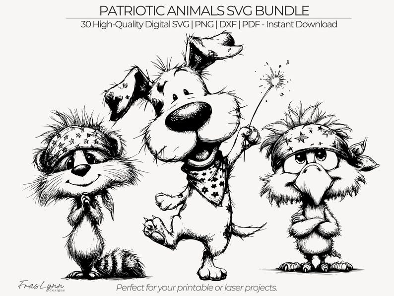 Patriotic Animals Illustration Pack, Hand Drawn Sketch Critters, Black and White Line Art Clipart, Commercial Use image 1