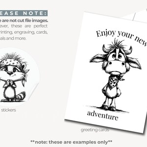 May include: A black and white illustration of a raccoon sticker and a cow greeting card. The sticker shows a raccoon wearing a bandana. The greeting card says "Enjoy your new adventure". The image also includes text that says "stickers" and "greeting cards".