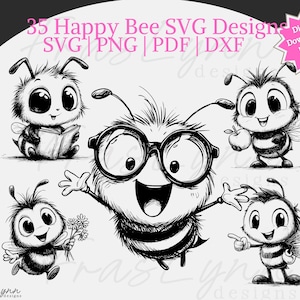 Op de afbeelding: Zwart-wit illustratie van vijf cartoonbijen in verschillende poses. Eén bij draagt een bril, anderen houden een boek, bloemen en een appel vast. Tekst luidt "35 Happy Bee SVG Designs" met bestandstype opties.