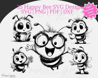 Happy Bees SVG Clipart Bundle: Png, Pdf, Dxf Files, 35 Happy Bumblebee Designs, Laser Engrave, Clipart, Instant Download,