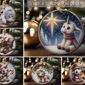 Ornement de Noël licorne, cercle, motifs en sublimation, motifs de décoration de Noël mignons à imprimer, lot de 6 décorations à télécharger uniquement