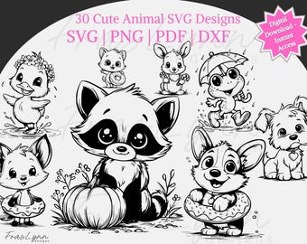 Cute Animals SVG Bundle, png, pdf, and dxf Files, Instant Download, Laser Engraving Files,30 Cute Animals SVG