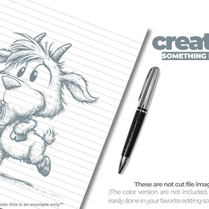 May include: A whimsical sketch of a goat running on lined paper, accompanied by a silver and black pen. The phrase "create something new" is displayed in gray text. The image also includes the text "These are not cut file images."