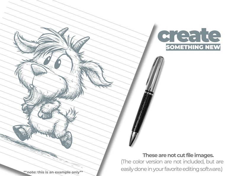 May include: A whimsical sketch of a goat running on lined paper, accompanied by a silver and black pen. The phrase "create something new" is displayed in gray text. The image also includes the text "These are not cut file images."