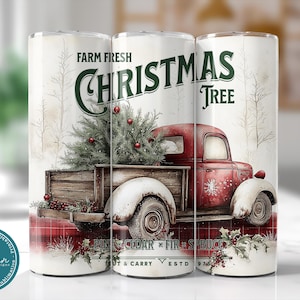 Christmas Tree Truck Tumbler Wrap  Fall Vibes Cute Autumn Tumbler Wrap Sublimation Design Red Farm Truck Tumbler PNG 20oz Skinny Wrap Design