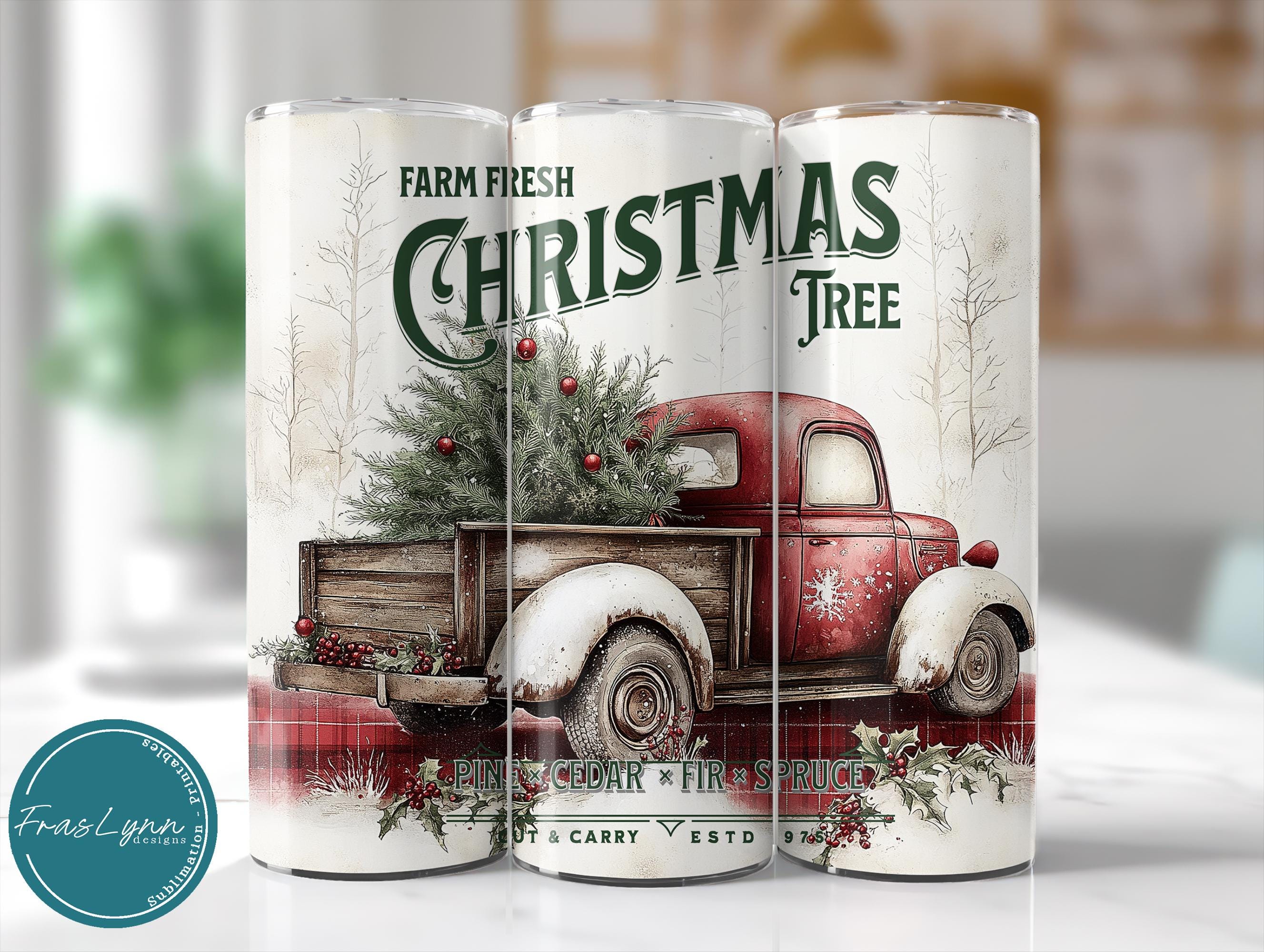 Christmas Tree Truck Tumbler Wrap  Fall Vibes Cute Autumn Tumbler Wrap Sublimation Design Red Farm Truck Tumbler PNG 20oz Skinny Wrap Design