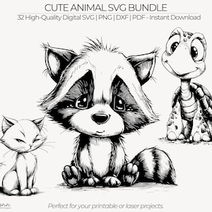 May include: A black and white digital illustration featuring a raccoon, cat, and turtle. The raccoon has a black and white striped tail. The text "CUTE ANIMAL SVG BUNDLE" is at the top. The text "Perfect for your printable or laser projects" is at the bottom.
