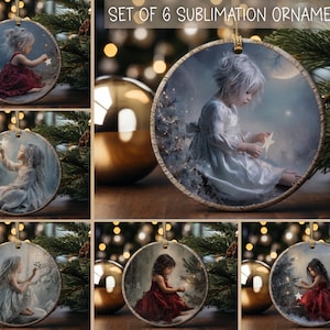 Angel Christmas Ornaments Circle Sublimation Designs Printable Cute Christmas Ornament Designs Bundle of 6 Ornaments Download Only