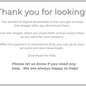 May include: A white background with text that says "Thank you for looking!" and information about digital downloads. The text explains the benefits of digital downloads and how to access them after purchase.