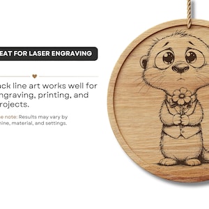May include: A round wooden plaque with a laser-engraved illustration of a cartoon meerkat holding a flower. The meerkat is wearing a vest and has a sad expression. The plaque has a natural wood grain and a hanging cord.