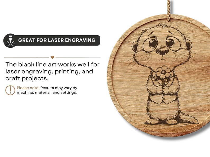 May include: A round wooden plaque with a laser-engraved illustration of a cartoon meerkat holding a flower. The meerkat is wearing a vest and has a sad expression. The plaque has a natural wood grain and a hanging cord.