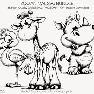 Op de afbeelding: Zwart-wit cartoon illustraties van een flamingo, giraf en neushoorn. De giraf heeft een gevlekt patroon. De tekst bovenaan luidt "ZOO ANIMAL SVG BUNDLE". De tekst onderaan luidt "Perfect for your printable or laser projects."