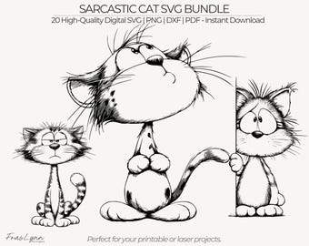 Sarkastische Katze SVG-Bundle, 20 Tierlinie Kunst, Clipart, bedruckbar, Lasergravur, lustige Katzen