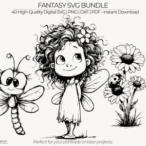 Pode incluir: Pacote de arte digital a preto e branco com uma fada, uma libélula e flores. A fada tem cabelo encaracolado e asas. A libélula tem olhos grandes. As flores incluem margaridas e uma joaninha. O texto diz "FANTASY SVG BUNDLE" e "Perfect for your printable or laser projects."