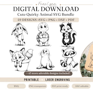 May include: Digital download graphic featuring a collection of cute, quirky animal SVG designs. Includes a donkey, turtle, skunk, fox, seal, and raccoon. The image also includes a wooden tag with a fox illustration. The text reads "Cute Quirky Animal SVG Bundle".