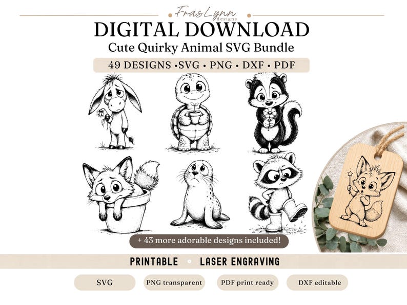 May include: Digital download graphic featuring a collection of cute, quirky animal SVG designs. Includes a donkey, turtle, skunk, fox, seal, and raccoon. The image also includes a wooden tag with a fox illustration. The text reads "Cute Quirky Animal SVG Bundle".