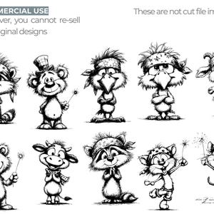 May include: A collection of black and white cartoon animal illustrations, such as a bear and a cat, each with distinct features and accessories. The image includes the text "COMMERCIAL USE" and "These are not cut file images."