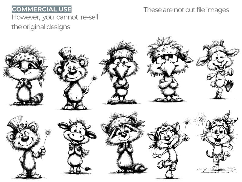 May include: A collection of black and white cartoon animal illustrations, such as a bear and a cat, each with distinct features and accessories. The image includes the text "COMMERCIAL USE" and "These are not cut file images."