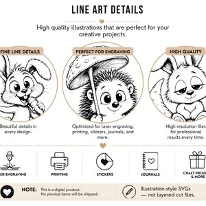 May include: A digital graphic featuring line art illustrations of a rabbit, hedgehog, and another rabbit. The text reads "LINE ART DETAILS" and "High quality illustrations that are perfect for your creative projects."