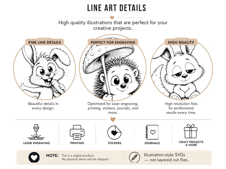 May include: A digital graphic featuring line art illustrations of a rabbit, hedgehog, and another rabbit. The text reads "LINE ART DETAILS" and "High quality illustrations that are perfect for your creative projects."