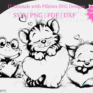 Könnte beinhalten: Schwarz-weiß SVG-Design mit einem Frosch, einem Tiger und einem Fuchs, die jeweils ein herzförmiges Kissen halten. Der Text "17 Animals with Pillows SVG Designs" und die Dateitypen SVG, PNG, PDF und DXF sind enthalten.