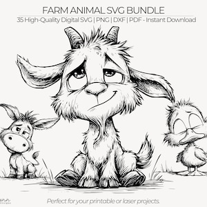 May include: Black and white digital illustration of a farm animal SVG bundle. The image features a goat, a donkey, and a duck with cartoon-like expressions. Text at the top reads "FARM ANIMAL SVG BUNDLE". The bottom text says "Perfect for your printable or laser projects."
