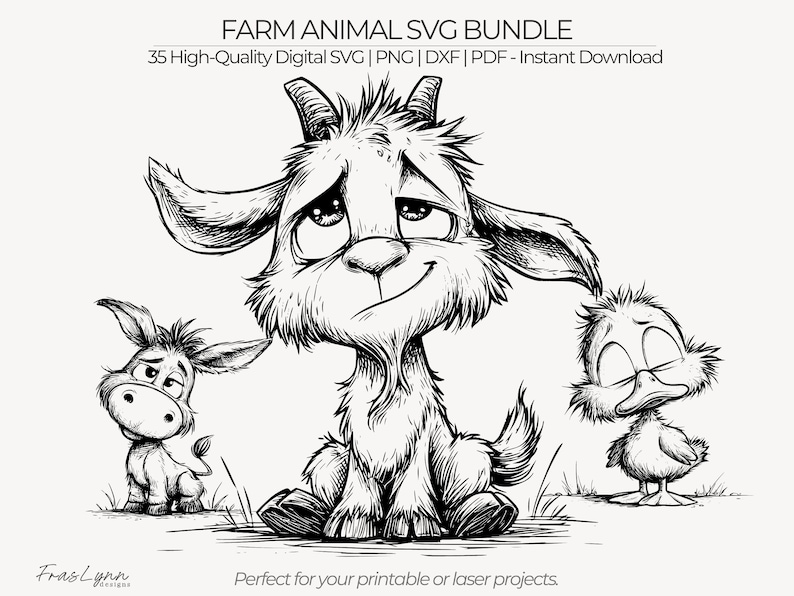 May include: Black and white digital illustration of a farm animal SVG bundle. The image features a goat, a donkey, and a duck with cartoon-like expressions. Text at the top reads "FARM ANIMAL SVG BUNDLE". The bottom text says "Perfect for your printable or laser projects."