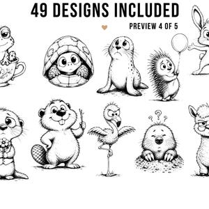 May include: Black and white illustrations of various animals, including a frog in a teacup, a turtle, a seal, a hedgehog with a balloon, and a rabbit. The image includes the text "49 DESIGNS INCLUDED" and "PREVIEW 4 OF 5".