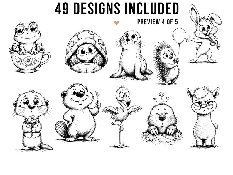May include: Black and white illustrations of various animals, including a frog in a teacup, a turtle, a seal, a hedgehog with a balloon, and a rabbit. The image includes the text "49 DESIGNS INCLUDED" and "PREVIEW 4 OF 5".