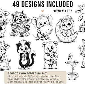 May include: Black and white illustration of various cute animals, including a sheep, raccoon, mouse, cat, goat, cow, skunk, bear, flamingo, and fox. The text "49 DESIGNS INCLUDED" and "PREVIEW 1 OF 5" are at the top. The bottom text reads "GOOD TO KNOW BEFORE YOU BUY: Illustration-style SVGs - not layered cut files..."