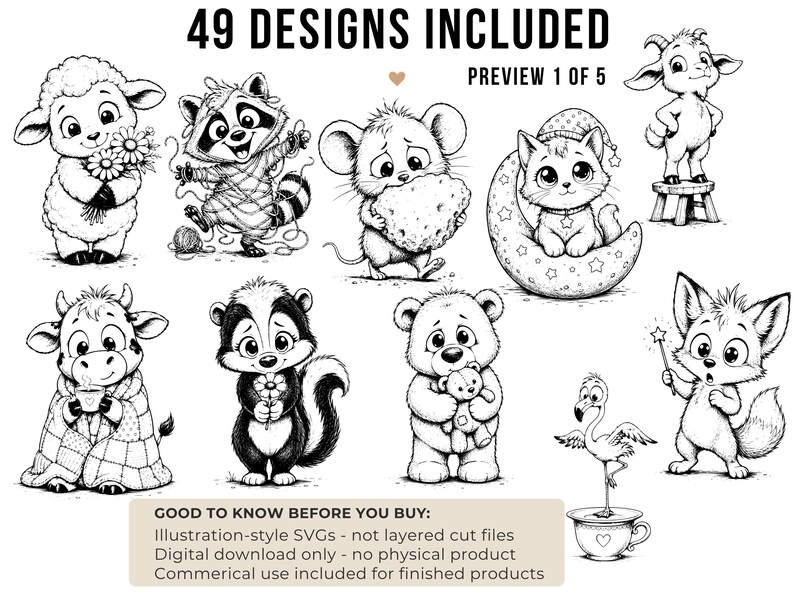 May include: Black and white illustration of various cute animals, including a sheep, raccoon, mouse, cat, goat, cow, skunk, bear, flamingo, and fox. The text "49 DESIGNS INCLUDED" and "PREVIEW 1 OF 5" are at the top. The bottom text reads "GOOD TO KNOW BEFORE YOU BUY: Illustration-style SVGs - not layered cut files..."