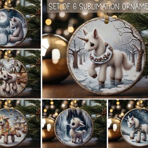 Ornement de Noël licorne, cercle, motifs en sublimation, motifs de décoration de Noël mignons à imprimer, lot de 6 décorations à télécharger uniquement