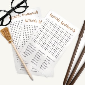 May include: Three white cards with brown text. Each card has a word search puzzle with words related to the Harry Potter universe. The words include "Dobby", "Hermione", "Hagrid", "Bellatrix", "Magic", "Snape", "Hogwarts", "Muggle", "Dragon", "Potions", "Padfoot", "Stupify", "Obliviate", "Voldemort", "Weasley", "Potter", "Broomstick", "Hallows", "and "O.W.L.s".