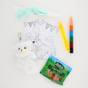 May include: A white plush teddy bear keychain, a coloring page featuring a bear wearing a party hat, a yellow bubble wand, a multi-colored marker, and a bag of Black Forest Organic Gummy Bears.
