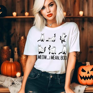 Camiseta de gato de Halloween, camiseta de gato Meow.. I Mean Boo, camiseta de fantasma de Halloween, camiseta de gato de Halloween, presente de amante de gatos de Halloween, temporada assustadora de 2024