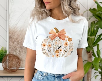 Maglietta vintage con zucca floreale, maglietta autunnale con zucca floreale, maglietta fantasma di Halloween Coquette, maglietta spettrale con fiocco di Halloween per ragazze, regalo di Halloween
