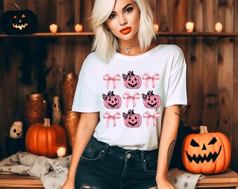 Camisa retro de Halloween, camisa coqueta de Halloween, camisa de calabaza de Halloween, camisa de calabaza rosa, camisa de calabaza con lazo coqueta, camisa coqueta de fantasma