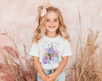Camiseta infantil con castillo de acuarela, camiseta infantil de princesas Disney, camiseta de Elsa y Rapunzel, camiseta de Jasmine y Aurora, camiseta de Cenicienta y Ariel, regalo