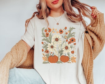 Boho höstblommig skjorta, retro höstt-shirt, höstvibbar-skjorta, pumpasäsongsgrafik-t-shirt, vintage höstpumpa-estetik-skjorta, höstgåvor