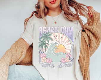 Shirt strandbum, cadeau voor haar, T-shirt Beach Waves, preppy T-shirt, retro Beach Happy Vibes T-shirt, pastel zomershirt zonsondergang, trendy zomer