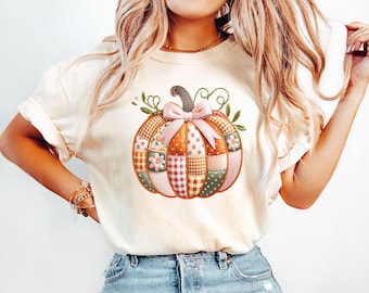 Patchwork Pumpkin Shirt, Coquette Season Fall Shirt, Women's Cute Pumpkin Tee, Thanksgiving Autumn Tee, Pumpkin Gift