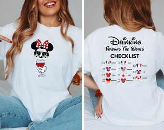 Camiseta Mickey, cerveza, Minnie y vino (anverso y reverso), Beber por todo el mundo, Lista de verificación para beber por todo el mundo, Regalos de camisetas Disney para parejas