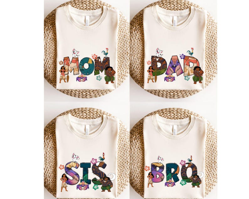May include: Four white t-shirts with a Moana theme. The shirts feature the words "MOM", "DAD", "SIS", and "BRO" with Moana characters and tropical elements.
