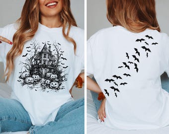 Koszulka z nawiedzonym domem w stylu vintage, koszulka na Halloween, koszulka Summerween, koszulka z motywem vintage na Halloween, koszulka z nietoperzami, bluza z motywem upiornego sezonu, prezent na Halloween