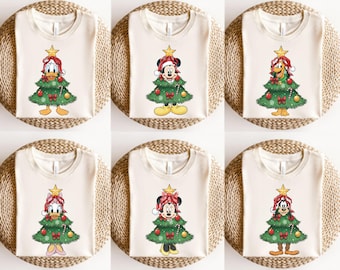 Maglietta vintage con albero di Natale di Topolino e i suoi amici, maglietta con albero di Natale Disney, magliette natalizie Disney per la famiglia, maglietta con tanti auguri di Buon Natale
